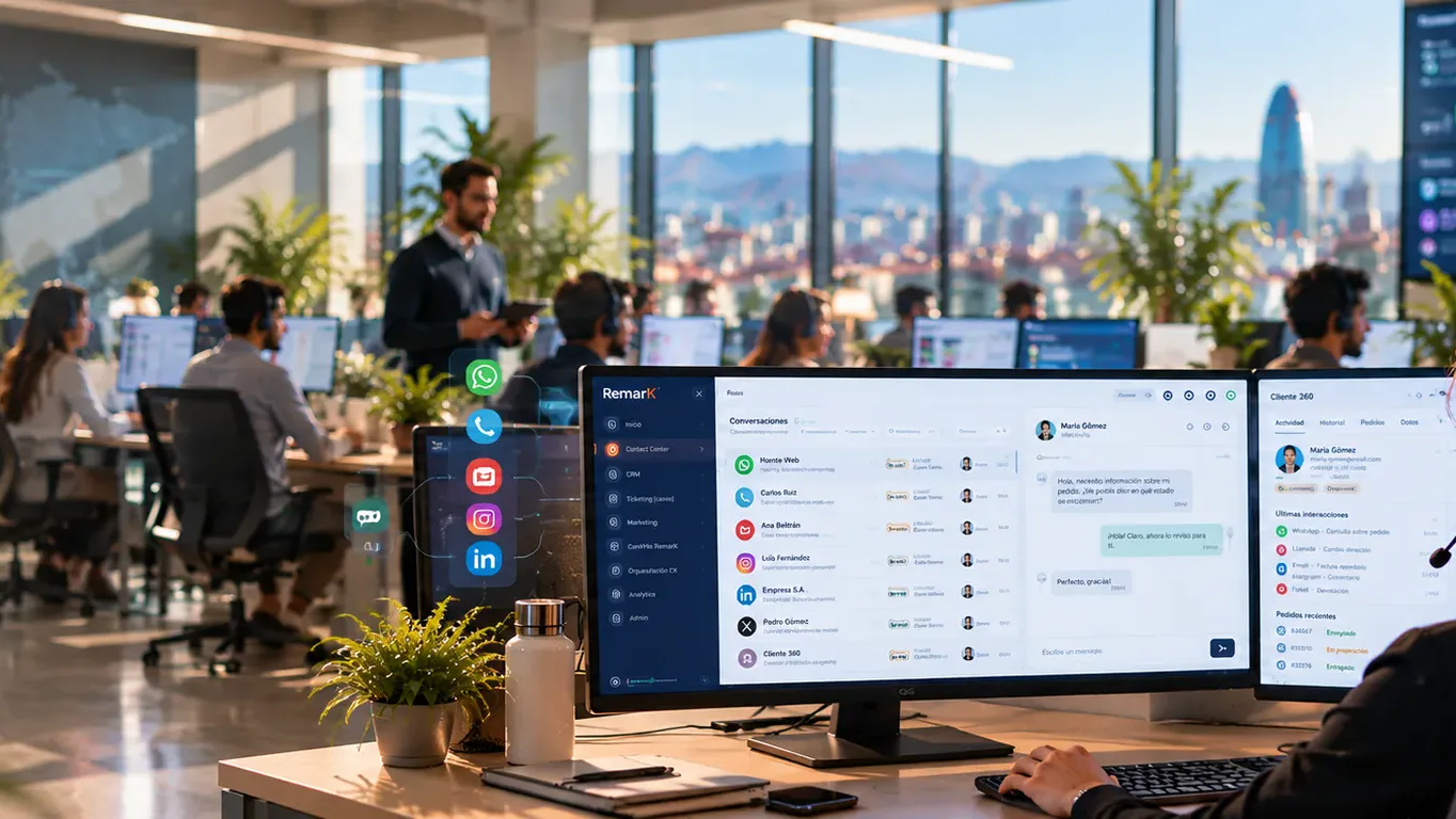Sala de operaciones OnRemarK — agentes trabajando con la plataforma y Barcelona al fondo