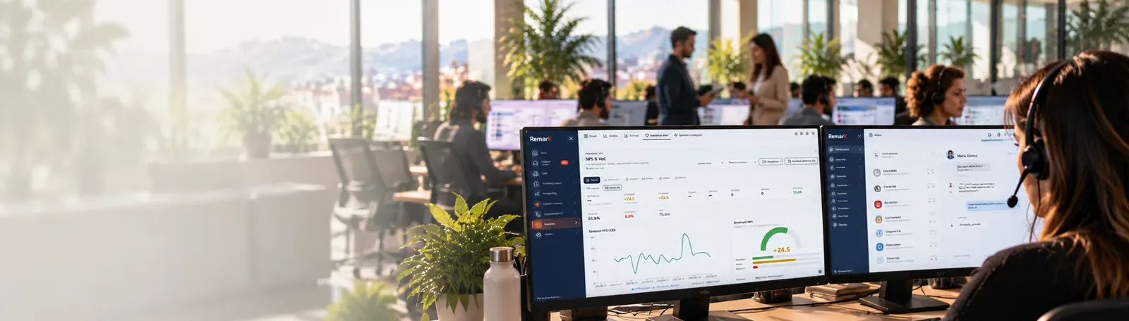 Sala de operaciones de un contact center con agentes y pantallas de monitorización